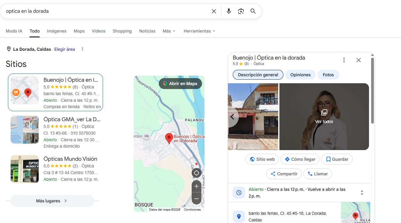 Buen Ojo — de sin web a posición 1 en Google para su óptica en La Dorada
