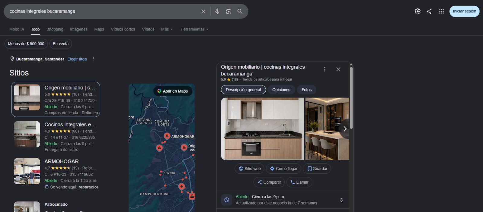 Cocinas Integrales Bucaramanga — de vender por redes a página 1 en Google